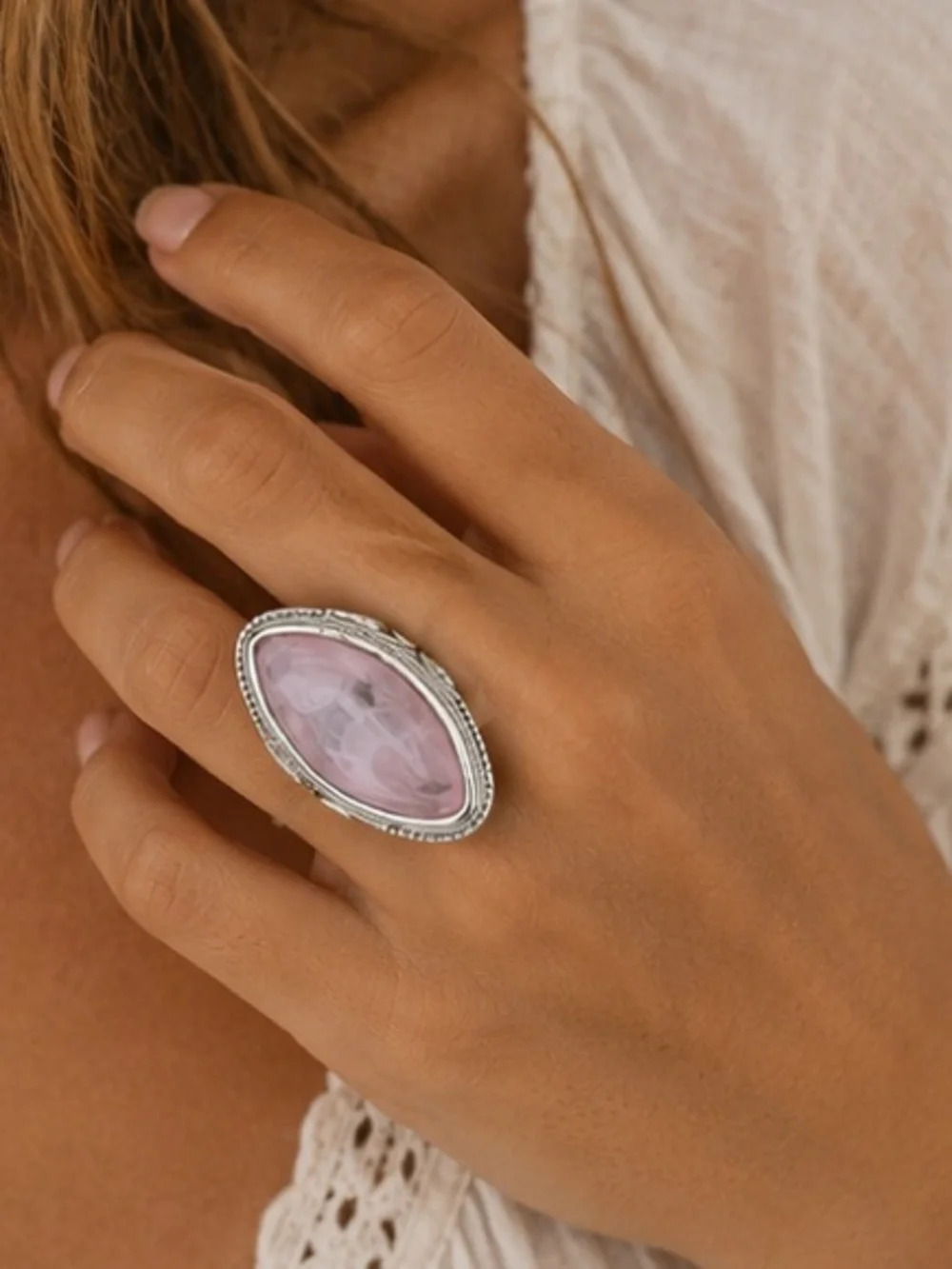 Pink Marquise Statement Ring | Silver Tone Cocktail Ring | Blush